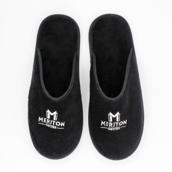 Meriton Black Closed Toe Premium Slippers With Gold Logo