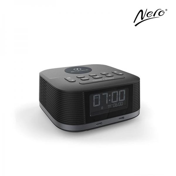 Nero Qi2 Wireless Clock Radio with two USB-C Ports and Cable